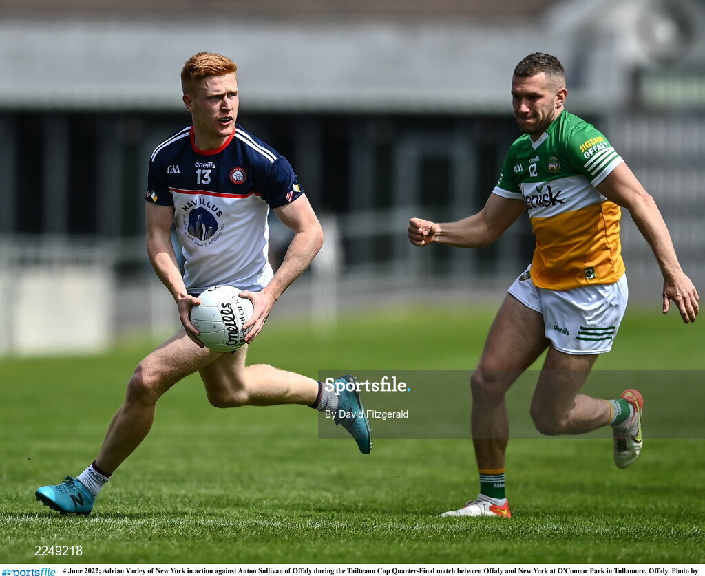4 June 2022; Adrian Varley of New York in action against Anton Sullivan of Offaly during the Tailteann Cup Quarter-Final match between Offaly and New York at O'Connor Park in Tullamore, Offaly. Photo by David Fitzgerald/Sportsfile