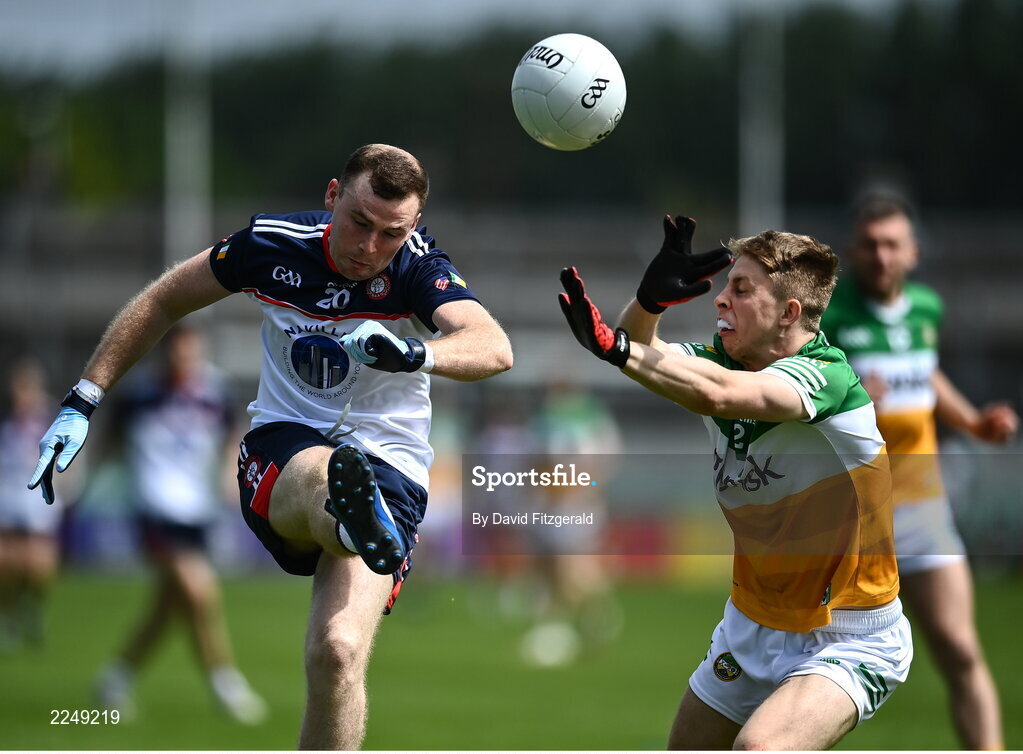 4 June 2022; Jonathan Glynn of New York in action against Lee Pearson of Offaly during the Tailteann Cup Quarter-Final match between Offaly and New York at O'Connor Park in Tullamore, Offaly. Photo by David Fitzgerald/Sportsfile