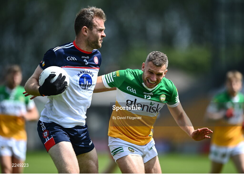4 June 2022; Jonathan Glynn of New York in action against Anton Sullivan of Offaly during the Tailteann Cup Quarter-Final match between Offaly and New York at O'Connor Park in Tullamore, Offaly. Photo by David Fitzgerald/Sportsfile