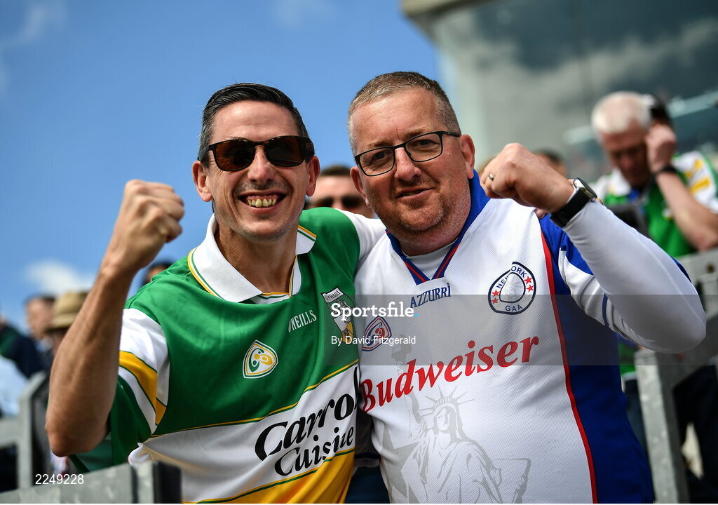 4 June 2022; Offaly supporter Derek Minnock, left, and New York supporter Johnny O'Connor during the Tailteann Cup Quarter-Final match between Offaly and New York at O'Connor Park in Tullamore, Offaly. Photo by David Fitzgerald/Sportsfile