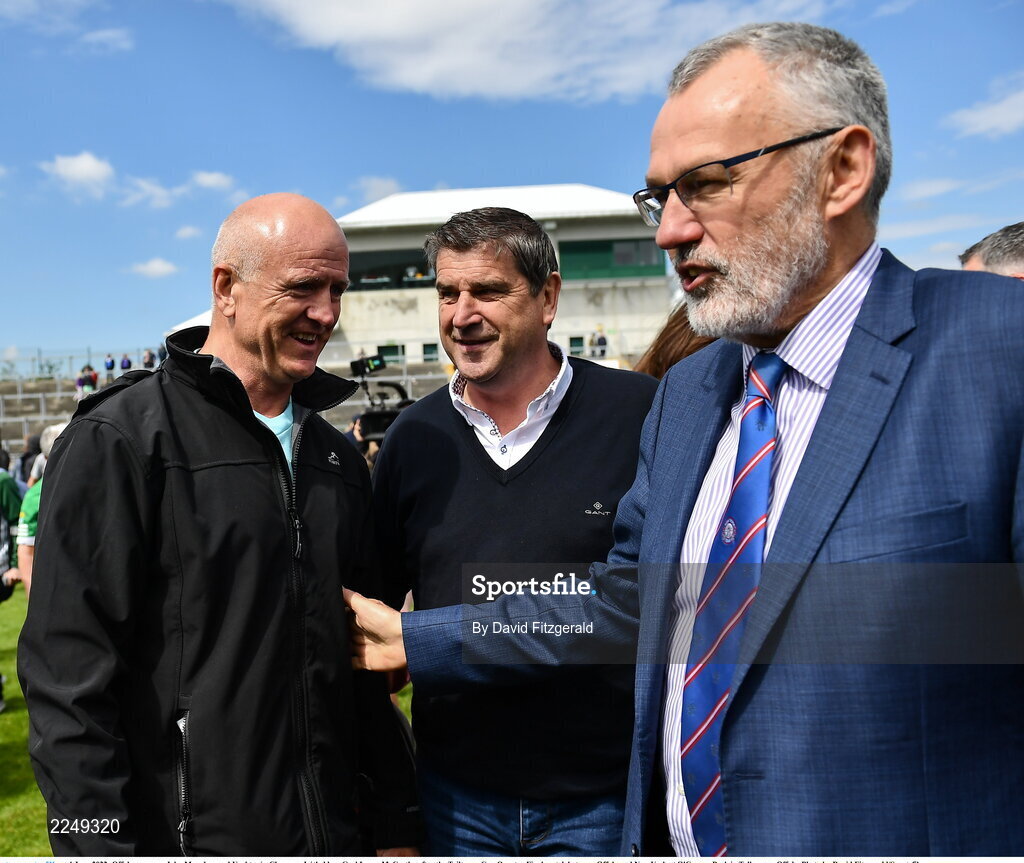 4 June 2022; Offaly manager John Maughan and Uachtarán Chumann Lúthchleas Gael Larry McCarthy after the Tailteann Cup Quarter-Final match between Offaly and New York at O'Connor Park in Tullamore, Offaly. Photo by David Fitzgerald/Sportsfile