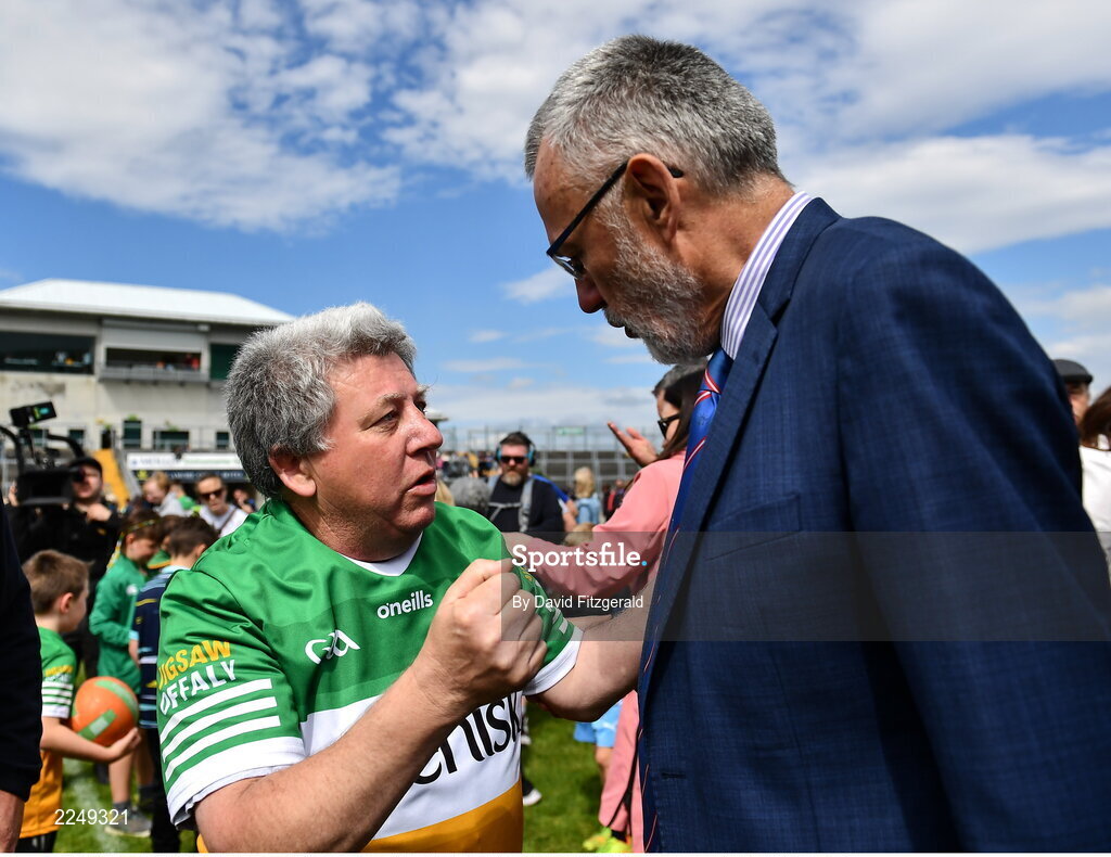 4 June 2022; Offaly supporter Mick McDonagh and Uachtarán Chumann Lúthchleas Gael Larry McCarthy after the Tailteann Cup Quarter-Final match between Offaly and New York at O'Connor Park in Tullamore, Offaly. Photo by David Fitzgerald/Sportsfile