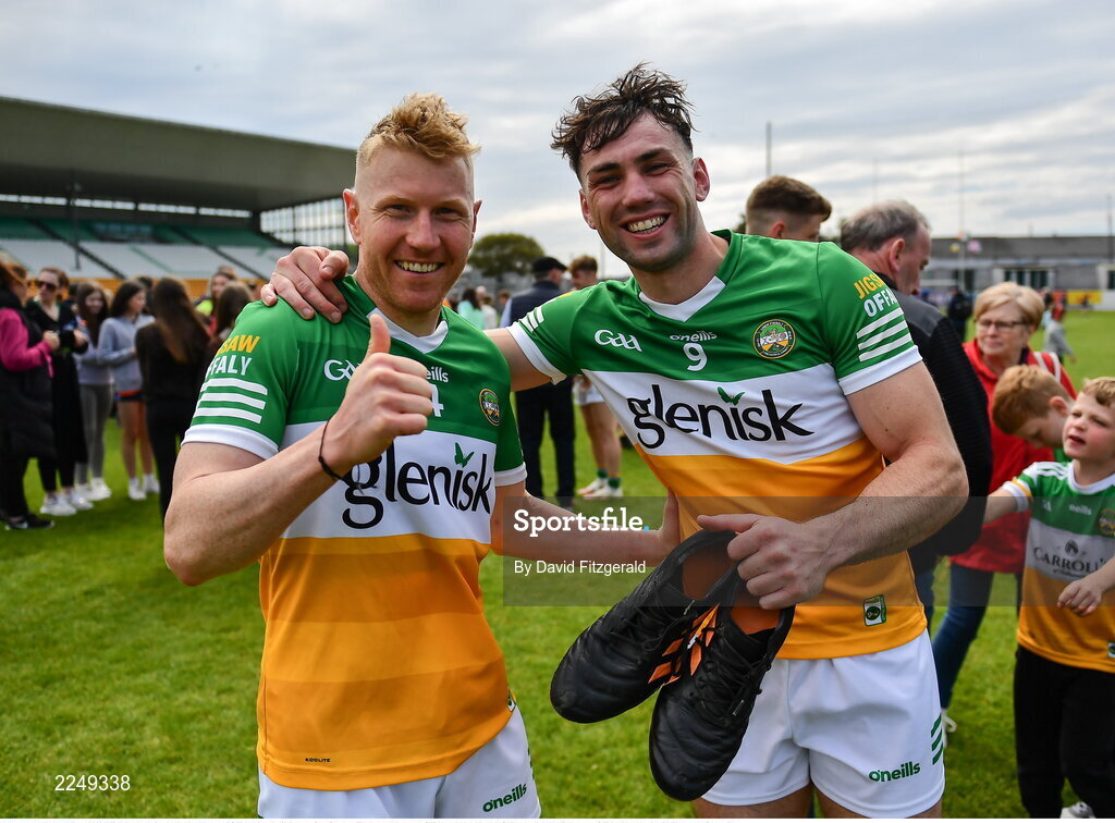 4 June 2022; Niall Darby, left, and Jordan Hayes of Offaly after the Tailteann Cup Quarter-Final match between Offaly and New York at O'Connor Park in Tullamore, Offaly. Photo by David Fitzgerald/Sportsfile