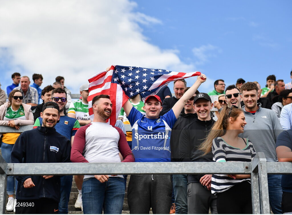 4 June 2022; New York supporters during the Tailteann Cup Quarter-Final match between Offaly and New York at O'Connor Park in Tullamore, Offaly. Photo by David Fitzgerald/Sportsfile