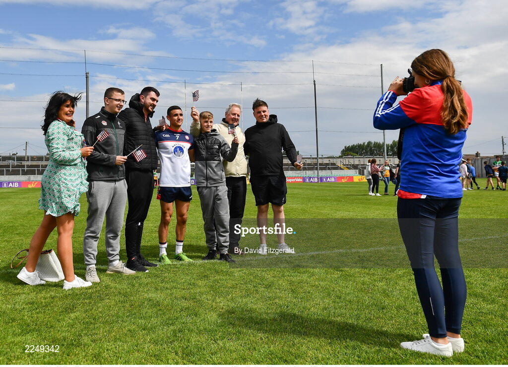 4 June 2022; Dan O'Sullivan of New York poses for a photo with family and friends after the Tailteann Cup Quarter-Final match between Offaly and New York at O'Connor Park in Tullamore, Offaly. Photo by David Fitzgerald/Sportsfile