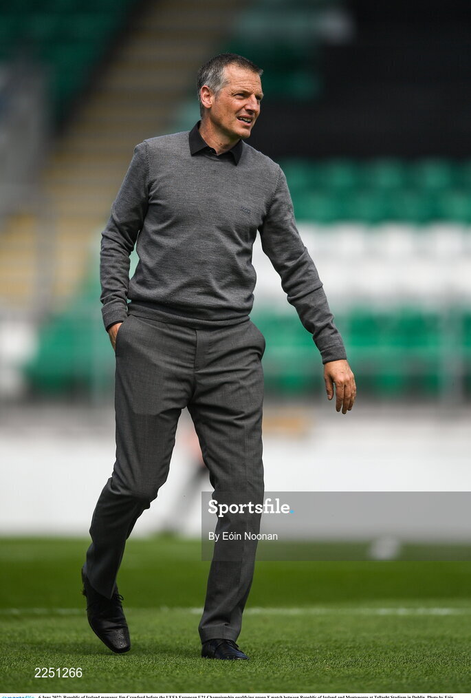 6 June 2022; Republic of Ireland manager Jim Crawford before the UEFA European U21 Championship qualifying group F match between Republic of Ireland and Montenegro at Tallaght Stadium in Dublin. Photo by Eóin Noonan/Sportsfile