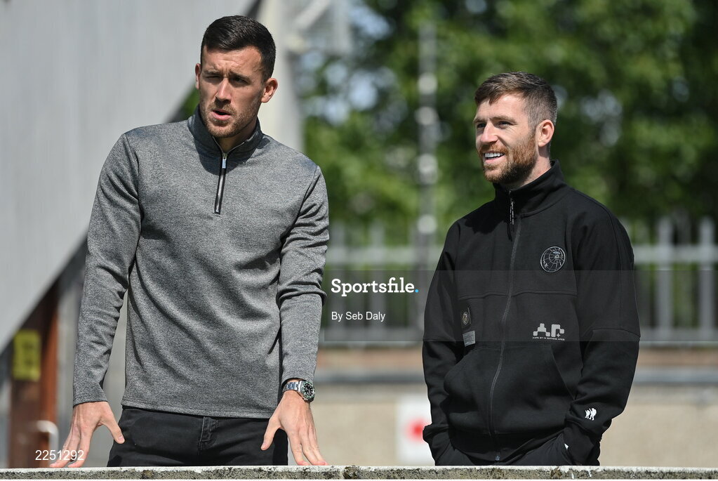 6 June 2022; Shamrock Rovers players Aaron Green, left, and Jack Byrne before the UEFA European U21 Championship qualifying group F match between Republic of Ireland and Montenegro at Tallaght Stadium in Dublin. Photo by Seb Daly/Sportsfile