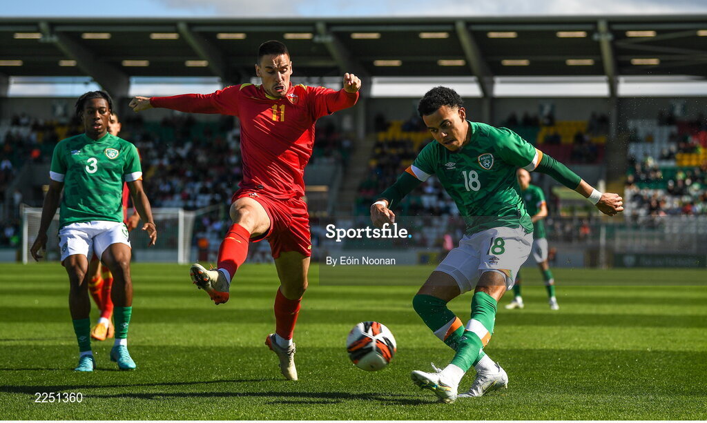 6 June 2022; Tyreik Wright of Republic of Ireland in action against Danilo Pešukic of Montenegro during the UEFA European U21 Championship qualifying group F match between Republic of Ireland and Montenegro at Tallaght Stadium in Dublin. Photo by Eóin Noonan/Sportsfile