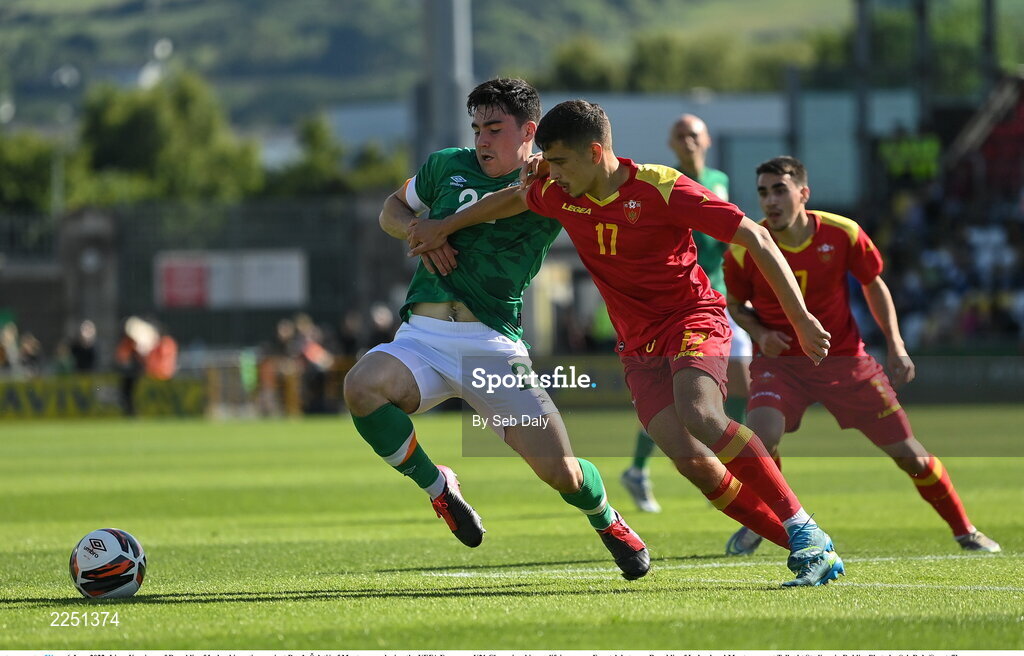 6 June 2022; Liam Kerrigan of Republic of Ireland in action against Ðorde Šaletic of Montenegro during the UEFA European U21 Championship qualifying group F match between Republic of Ireland and Montenegro at Tallaght Stadium in Dublin. Photo by Seb Daly/Sportsfile