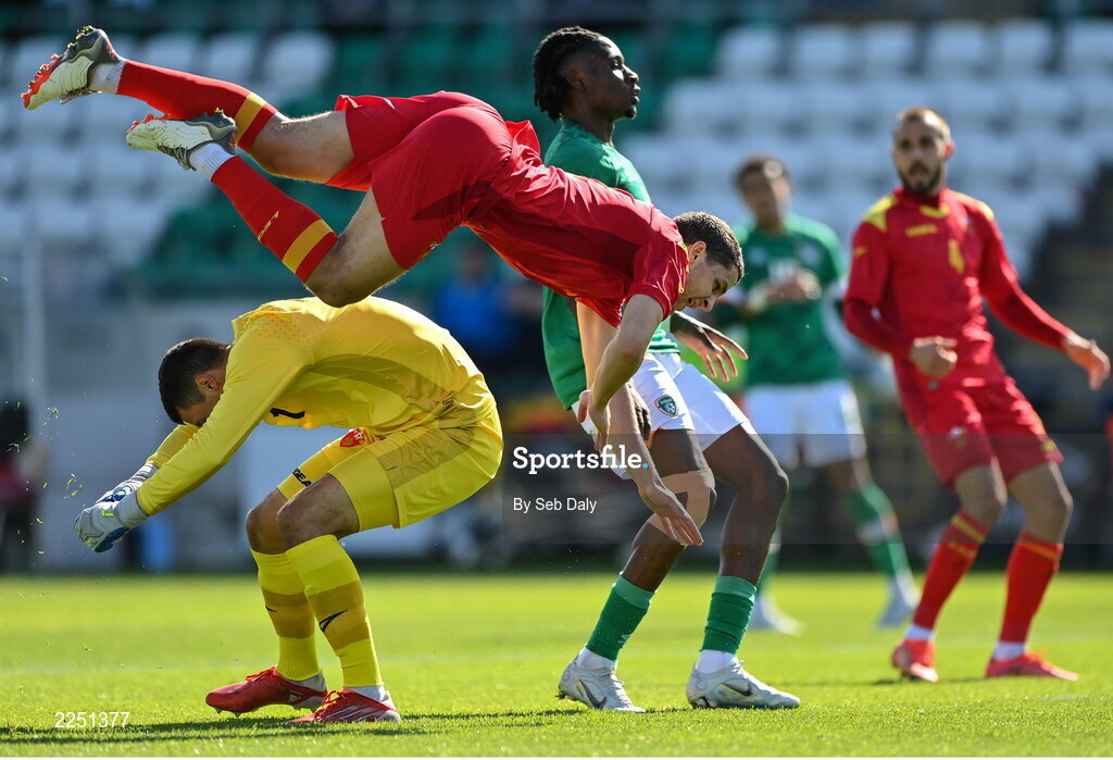 6 June 2022; Anto Babic of Montenegro collides with his own goalkeeper Nikola Ivezic during the UEFA European U21 Championship qualifying group F match between Republic of Ireland and Montenegro at Tallaght Stadium in Dublin. Photo by Seb Daly/Sportsfile
