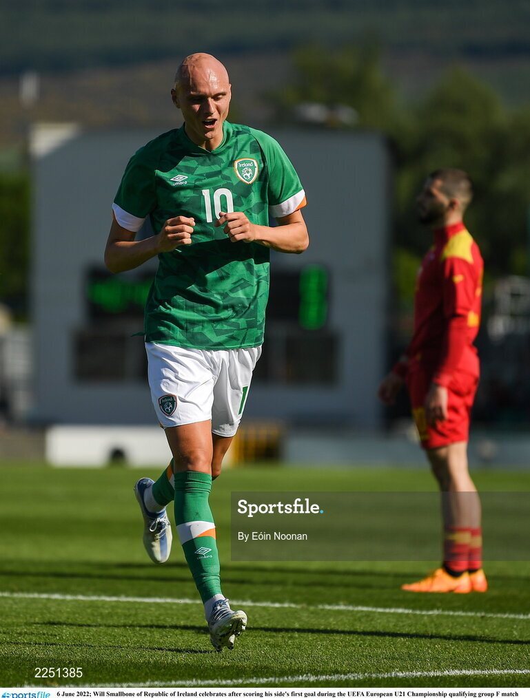 6 June 2022; Will Smallbone of Republic of Ireland celebrates after scoring his side's first goal during the UEFA European U21 Championship qualifying group F match between Republic of Ireland and Montenegro at Tallaght Stadium in Dublin. Photo by Eóin Noonan/Sportsfile