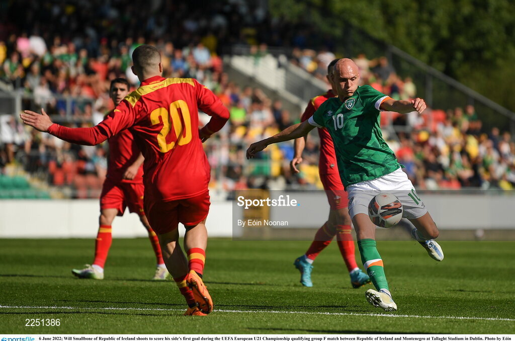 6 June 2022; Will Smallbone of Republic of Ireland shoots to score his side's first goal during the UEFA European U21 Championship qualifying group F match between Republic of Ireland and Montenegro at Tallaght Stadium in Dublin. Photo by Eóin Noonan/Sportsfile