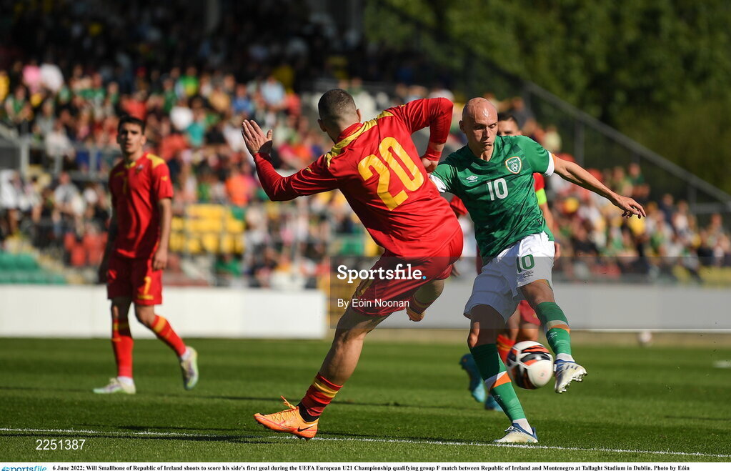 6 June 2022; Will Smallbone of Republic of Ireland shoots to score his side's first goal during the UEFA European U21 Championship qualifying group F match between Republic of Ireland and Montenegro at Tallaght Stadium in Dublin. Photo by Eóin Noonan/Sportsfile
