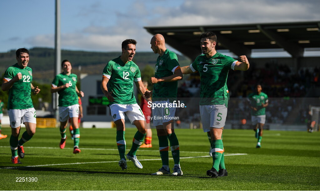 6 June 2022; Will Smallbone of Republic of Ireland celebrates with teammates after scoring his side's first goal during the UEFA European U21 Championship qualifying group F match between Republic of Ireland and Montenegro at Tallaght Stadium in Dublin. Photo by Eóin Noonan/Sportsfile