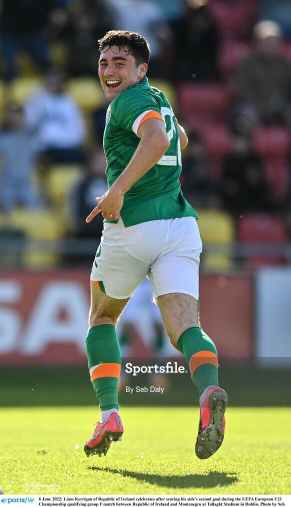 6 June 2022; Liam Kerrigan of Republic of Ireland celebrates after scoring his side's second goal during the UEFA European U21 Championship qualifying group F match between Republic of Ireland and Montenegro at Tallaght Stadium in Dublin. Photo by Seb Daly/Sportsfile