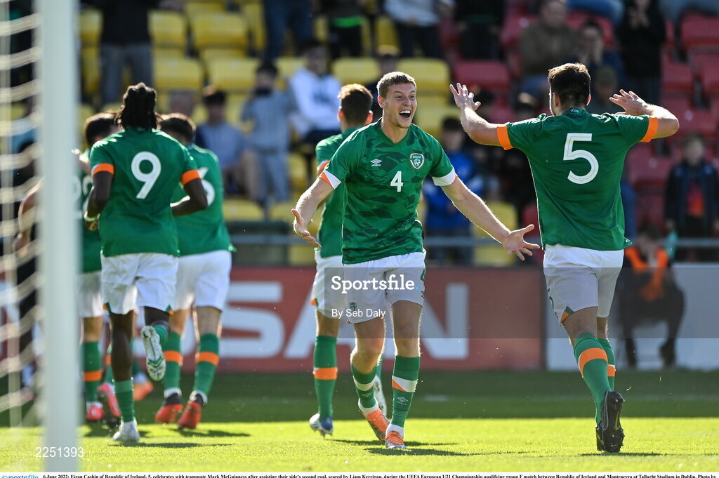 6 June 2022; Eiran Cashin of Republic of Ireland, 5, celebrates with teammate Mark McGuinness after assisting their side's second goal, scored by Liam Kerrigan, during the UEFA European U21 Championship qualifying group F match between Republic of Ireland and Montenegro at Tallaght Stadium in Dublin. Photo by Seb Daly/Sportsfile