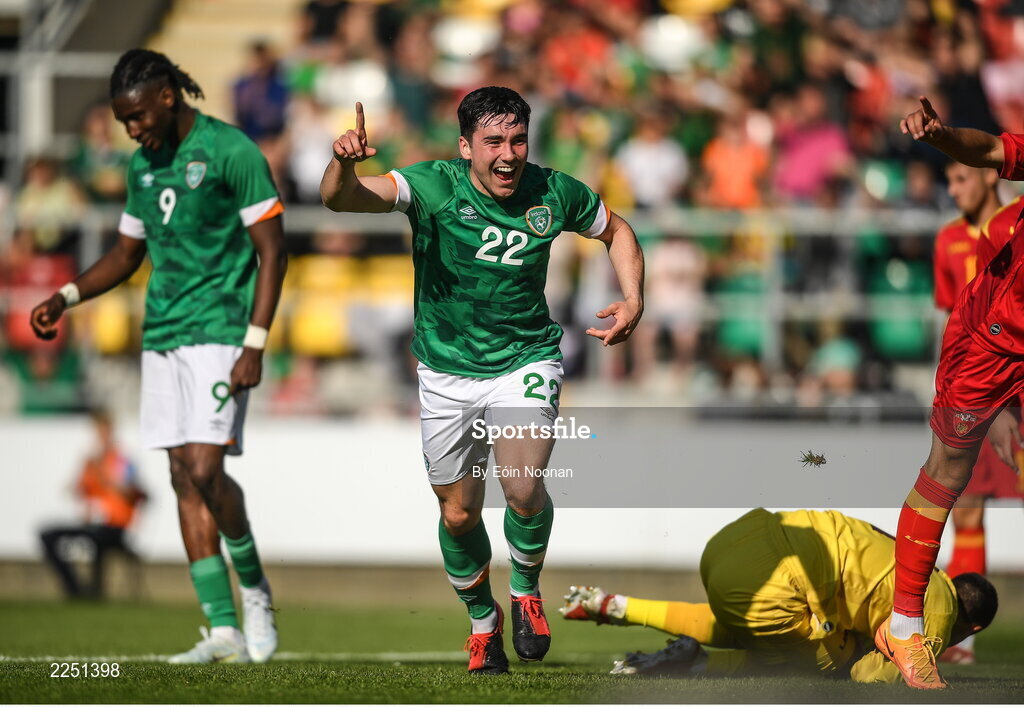 6 June 2022; Liam Kerrigan of Republic of Ireland celebrates after scoring his side's second goal during the UEFA European U21 Championship qualifying group F match between Republic of Ireland and Montenegro at Tallaght Stadium in Dublin. Photo by Eóin Noonan/Sportsfile