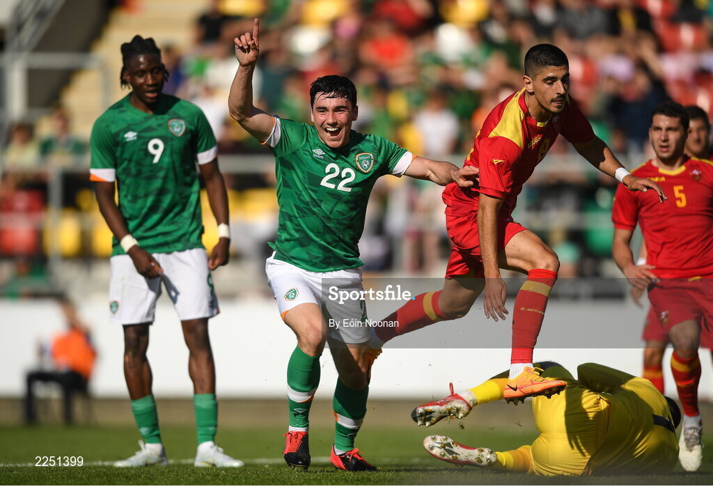 6 June 2022; Liam Kerrigan of Republic of Ireland celebrates after scoring his side's second goal during the UEFA European U21 Championship qualifying group F match between Republic of Ireland and Montenegro at Tallaght Stadium in Dublin. Photo by Eóin Noonan/Sportsfile