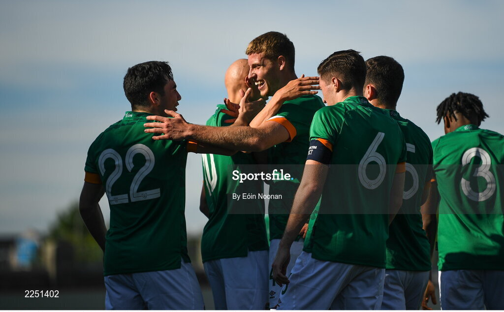 6 June 2022; Liam Kerrigan of Republic of Ireland, left, celebrates with teammate Mark McGuinness after scoring his side's second goal during the UEFA European U21 Championship qualifying group F match between Republic of Ireland and Montenegro at Tallaght Stadium in Dublin. Photo by Eóin Noonan/Sportsfile