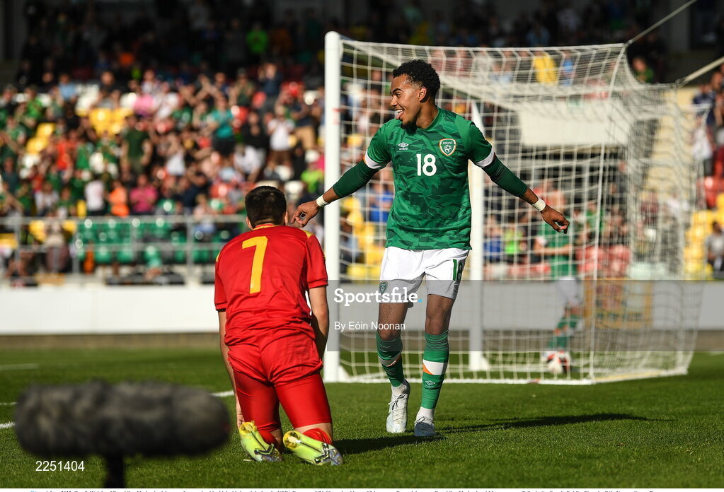 6 June 2022; Tyreik Wright of Republic of Ireland celebrates after scoring his side's third goal during the UEFA European U21 Championship qualifying group F match between Republic of Ireland and Montenegro at Tallaght Stadium in Dublin. Photo by Eóin Noonan/Sportsfile