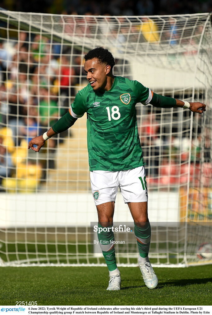 6 June 2022; Tyreik Wright of Republic of Ireland celebrates after scoring his side's third goal during the UEFA European U21 Championship qualifying group F match between Republic of Ireland and Montenegro at Tallaght Stadium in Dublin. Photo by Eóin Noonan/Sportsfile