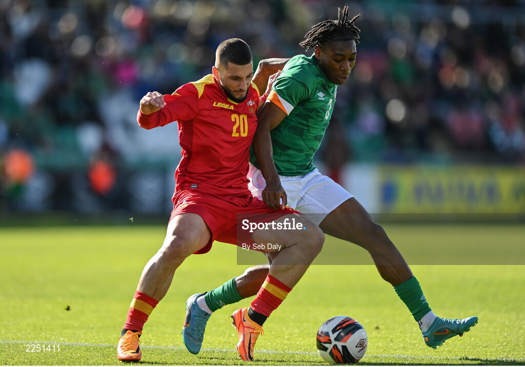 6 June 2022; Tayo Adaramola of Republic of Ireland in action against Zaim Divanovic of Montenegro during the UEFA European U21 Championship qualifying group F match between Republic of Ireland and Montenegro at Tallaght Stadium in Dublin. Photo by Seb Daly/Sportsfile