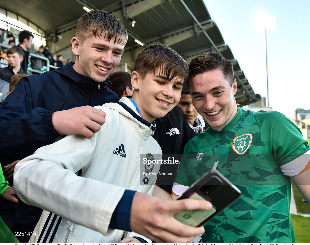 6 June 2022; Conor Coventry of Republic of Ireland with supporters after the UEFA European U21 Championship qualifying group F match between Republic of Ireland and Montenegro at Tallaght Stadium in Dublin. Photo by Eóin Noonan/Sportsfile