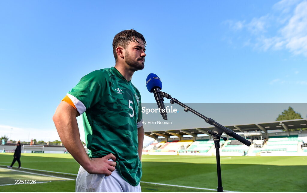 6 June 2022; Eiran Cashin of Republic of Ireland speaking to RTÉ after the UEFA European U21 Championship qualifying group F match between Republic of Ireland and Montenegro at Tallaght Stadium in Dublin. Photo by Eóin Noonan/Sportsfile