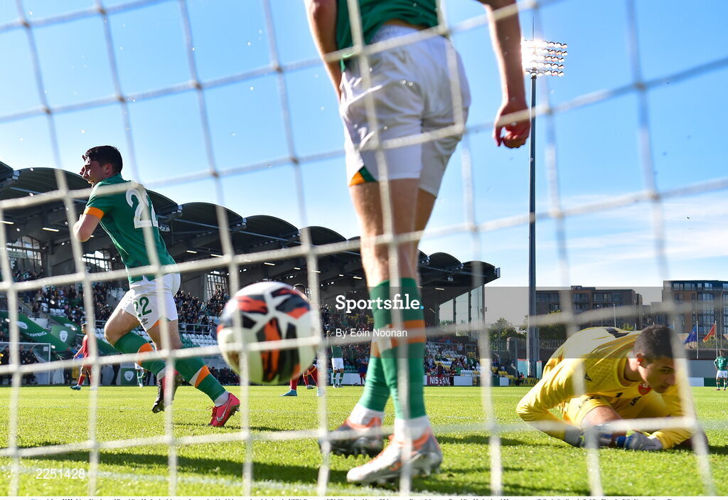6 June 2022; Liam Kerrigan of Republic of Ireland celebrates after scoring his side's second goal during the UEFA European U21 Championship qualifying group F match between Republic of Ireland and Montenegro at Tallaght Stadium in Dublin. Photo by Eóin Noonan/Sportsfile