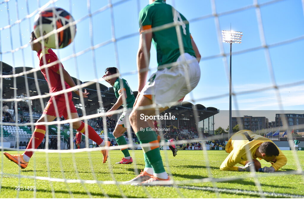 6 June 2022; Liam Kerrigan of Republic of Ireland celebrates after scoring his side's second goal during the UEFA European U21 Championship qualifying group F match between Republic of Ireland and Montenegro at Tallaght Stadium in Dublin. Photo by Eóin Noonan/Sportsfile