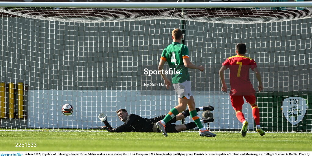 6 June 2022; Republic of Ireland goalkeeper Brian Maher makes a save during the UEFA European U21 Championship qualifying group F match between Republic of Ireland and Montenegro at Tallaght Stadium in Dublin. Photo by Seb Daly/Sportsfile