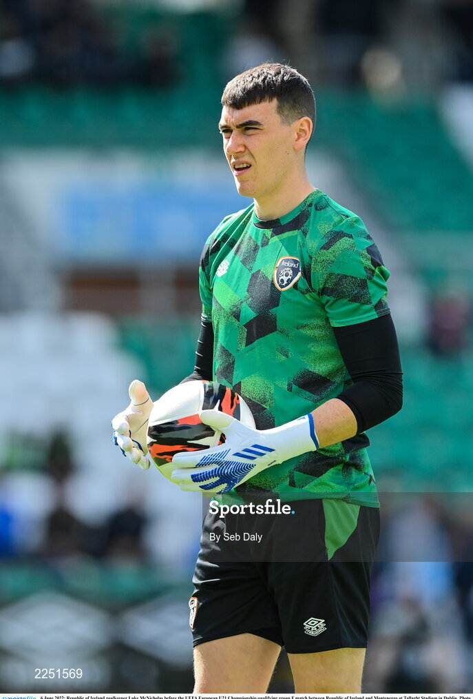 6 June 2022; Republic of Ireland goalkeeper Luke McNicholas before the UEFA European U21 Championship qualifying group F match between Republic of Ireland and Montenegro at Tallaght Stadium in Dublin. Photo by Seb Daly/Sportsfile