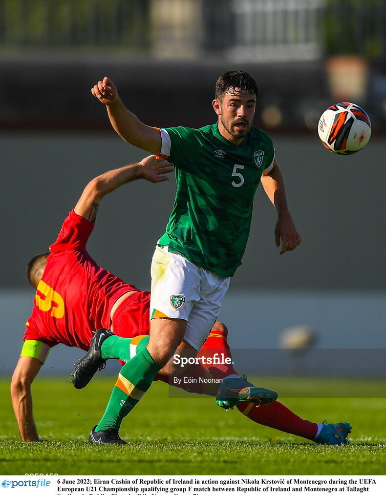 6 June 2022; Eiran Cashin of Republic of Ireland in action against Nikola Krstovic of Montenegro during the UEFA European U21 Championship qualifying group F match between Republic of Ireland and Montenegro at Tallaght Stadium in Dublin. Photo by Eóin Noonan/Sportsfile