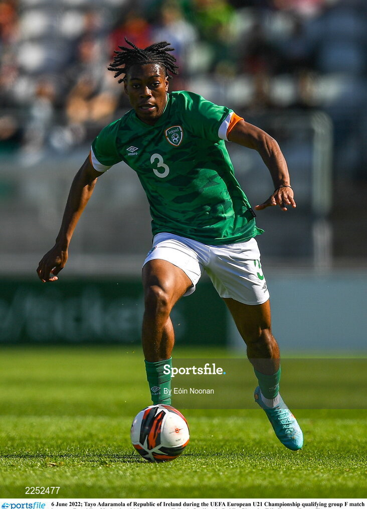 6 June 2022; Tayo Adaramola of Republic of Ireland during the UEFA European U21 Championship qualifying group F match between Republic of Ireland and Montenegro at Tallaght Stadium in Dublin. Photo by Eóin Noonan/Sportsfile