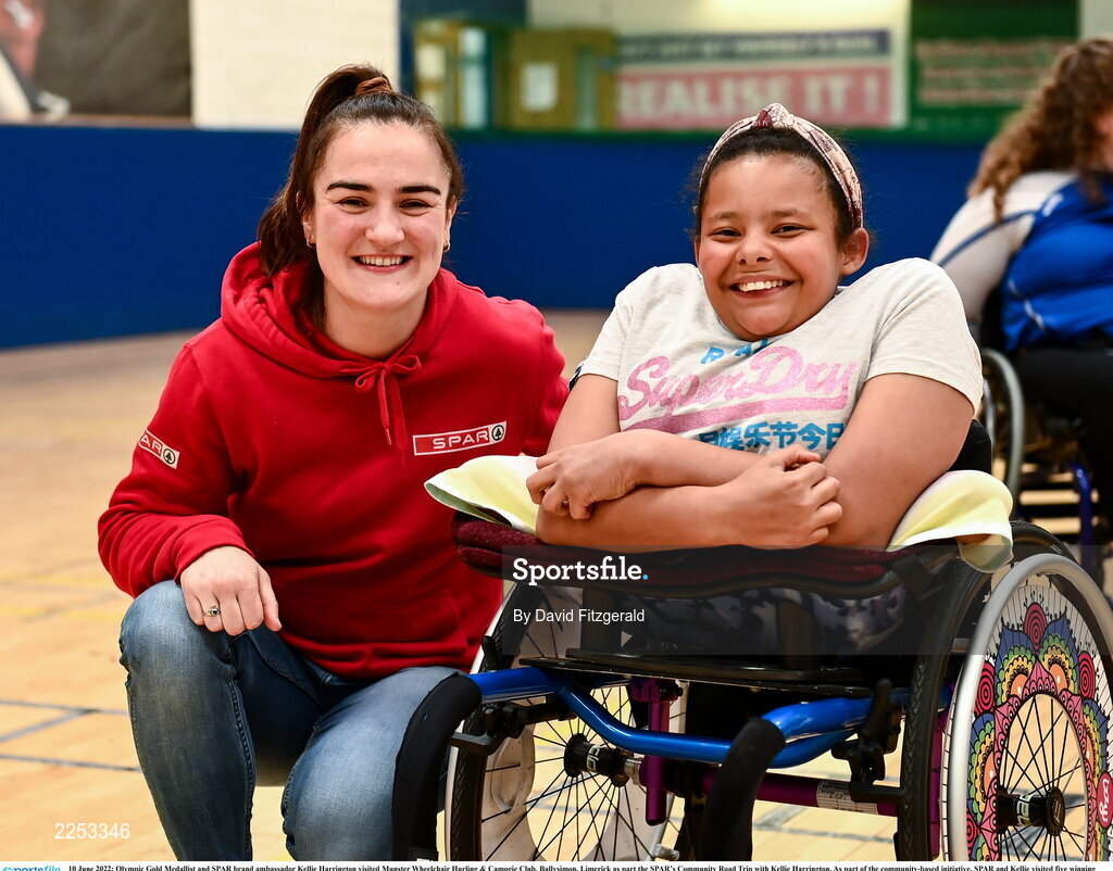 10 June 2022; Olympic Gold Medallist and SPAR brand ambassador Kellie Harrington visited Munster Wheelchair Hurling & Camogie Club, Ballysimon, Limerick as part the SPAR’s Community Road Trip with Kellie Harrington. As part of the community-based initiative, SPAR and Kellie visited five winning community groups this week, and rewarded €10,000 in funding to the most deserving clubs, people and groups, including Munster Wheelchair Hurling & Camogie Club, Ballysimon, Limerick. For further information: visit www.spar.ie Photo by David Fitzgerald/Sportsfile