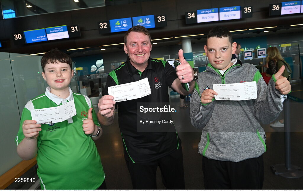 17 June 2022; Special Olympics’ Team Ireland jetted off to Berlin today on Aer Lingus flight EI336 ahead of the 2022 Special Olympics German National Games. Taking place between 19-24 June, these Games will be the largest sporting and humanitarian event in the world and are an important stepping stone towards the 2023 World Summer Games, which will also take place in Berlin. As official airline of Special Olympics Ireland, Aer Lingus ground staff and flight crew were on hand to lend their support and wish Team Ireland well as they embarked on their journey to Berlin. Pictured is equestrian athletes Declan Foley, left, Kian Johnson-Clarke, right, with their coach Cyril McNamara. Photo by Ramsey Cardy/Sportsfile