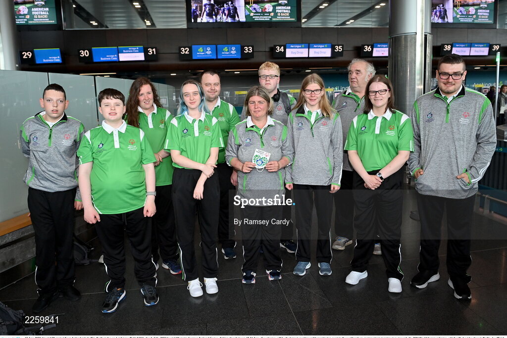 17 June 2022; Special Olympics’ Team Ireland jetted off to Berlin today on Aer Lingus flight EI336 ahead of the 2022 Special Olympics German National Games. Taking place between 19-24 June, these Games will be the largest sporting and humanitarian event in the world and are an important stepping stone towards the 2023 World Summer Games, which will also take place in Berlin. As official airline of Special Olympics Ireland, Aer Lingus ground staff and flight crew were on hand to lend their support and wish Team Ireland well as they embarked on their journey to Berlin. Pictured are the athletes. Photo by Ramsey Cardy/Sportsfile