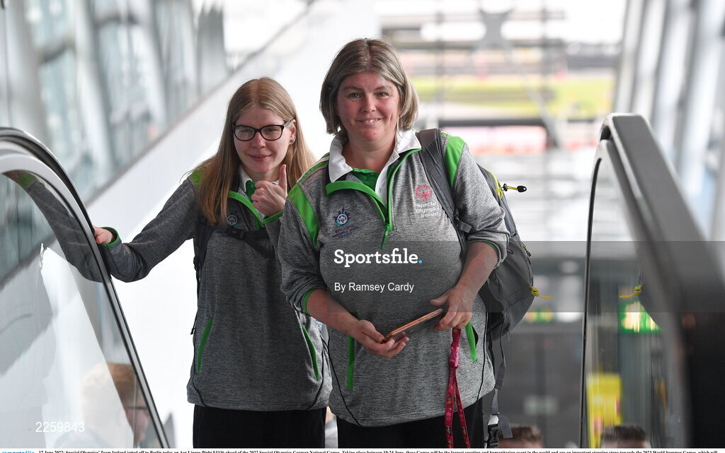 17 June 2022; Special Olympics’ Team Ireland jetted off to Berlin today on Aer Lingus flight EI336 ahead of the 2022 Special Olympics German National Games. Taking place between 19-24 June, these Games will be the largest sporting and humanitarian event in the world and are an important stepping stone towards the 2023 World Summer Games, which will also take place in Berlin. As official airline of Special Olympics Ireland, Aer Lingus ground staff and flight crew were on hand to lend their support and wish Team Ireland well as they embarked on their journey to Berlin. Pictured are open water swimmers Aisling Beacom, right, and Edel Armstrong. Photo by Ramsey Cardy/Sportsfile