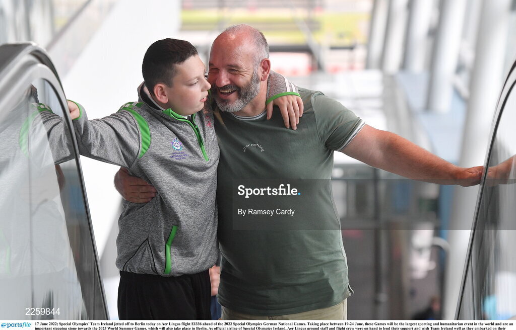 17 June 2022; Special Olympics’ Team Ireland jetted off to Berlin today on Aer Lingus flight EI336 ahead of the 2022 Special Olympics German National Games. Taking place between 19-24 June, these Games will be the largest sporting and humanitarian event in the world and are an important stepping stone towards the 2023 World Summer Games, which will also take place in Berlin. As official airline of Special Olympics Ireland, Aer Lingus ground staff and flight crew were on hand to lend their support and wish Team Ireland well as they embarked on their journey to Berlin. Pictured is equestrian athlete Kian Johnson-Clarke, with his father Michael. Photo by Ramsey Cardy/Sportsfile