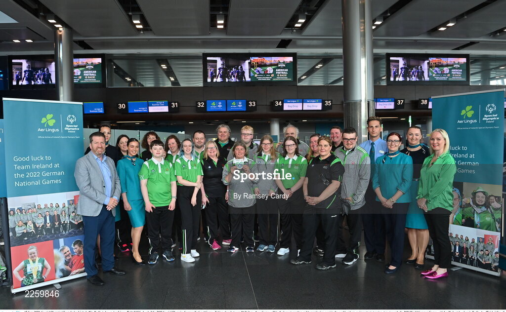 17 June 2022; Special Olympics’ Team Ireland jetted off to Berlin today on Aer Lingus flight EI336 ahead of the 2022 Special Olympics German National Games. Taking place between 19-24 June, these Games will be the largest sporting and humanitarian event in the world and are an important stepping stone towards the 2023 World Summer Games, which will also take place in Berlin. As official airline of Special Olympics Ireland, Aer Lingus ground staff and flight crew were on hand to lend their support and wish Team Ireland well as they embarked on their journey to Berlin. Pictured is are the athletes. Photo by Ramsey Cardy/Sportsfile