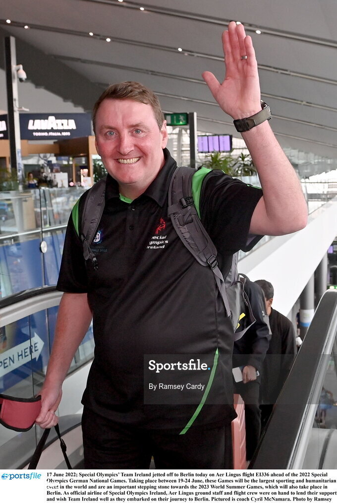 17 June 2022; Special Olympics’ Team Ireland jetted off to Berlin today on Aer Lingus flight EI336 ahead of the 2022 Special Olympics German National Games. Taking place between 19-24 June, these Games will be the largest sporting and humanitarian event in the world and are an important stepping stone towards the 2023 World Summer Games, which will also take place in Berlin. As official airline of Special Olympics Ireland, Aer Lingus ground staff and flight crew were on hand to lend their support and wish Team Ireland well as they embarked on their journey to Berlin. Pictured is coach Cyril McNamara. Photo by Ramsey Cardy/Sportsfile