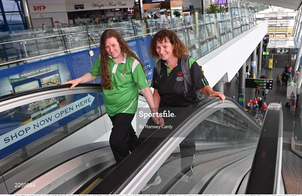 17 June 2022; Special Olympics’ Team Ireland jetted off to Berlin today on Aer Lingus flight EI336 ahead of the 2022 Special Olympics German National Games. Taking place between 19-24 June, these Games will be the largest sporting and humanitarian event in the world and are an important stepping stone towards the 2023 World Summer Games, which will also take place in Berlin. As official airline of Special Olympics Ireland, Aer Lingus ground staff and flight crew were on hand to lend their support and wish Team Ireland well as they embarked on their journey to Berlin. Pictured is Lia Whitaker, badminton, with coach Dr Erika Keane. Photo by Ramsey Cardy/Sportsfile