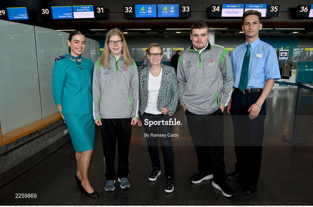 17 June 2022; Special Olympics’ Team Ireland jetted off to Berlin today on Aer Lingus flight EI336 ahead of the 2022 Special Olympics German National Games. Taking place between 19-24 June, these Games will be the largest sporting and humanitarian event in the world and are an important stepping stone towards the 2023 World Summer Games, which will also take place in Berlin. As official airline of Special Olympics Ireland, Aer Lingus ground staff and flight crew were on hand to lend their support and wish Team Ireland well as they embarked on their journey to Berlin. Pictured are, from left, Ciara Poole, Aer Leingus, Edel Armstrong, open water swimming, Lynne Embleton, Chief Executive Officer, Aer Lingus, Jacob McKenna, open water swimming, and Denis Volkovs, Aer Lingus. Photo by Ramsey Cardy/Sportsfile