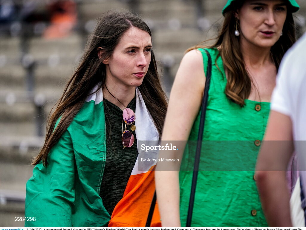 6 July 2022; A supporter of Ireland before the FIH Women's Hockey World Cup Pool A match between Ireland and Germany at Wagener Stadium in Amstelveen, Netherlands. Photo by Jeroen Meuwsen/Sportsfile