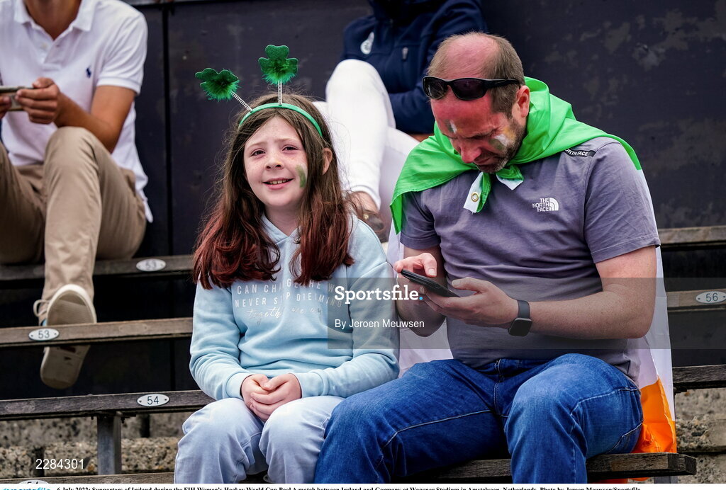 6 July 2022; Supporters of Ireland during the FIH Women's Hockey World Cup Pool A match between Ireland and Germany at Wagener Stadium in Amstelveen, Netherlands. Photo by Jeroen Meuwsen/Sportsfile