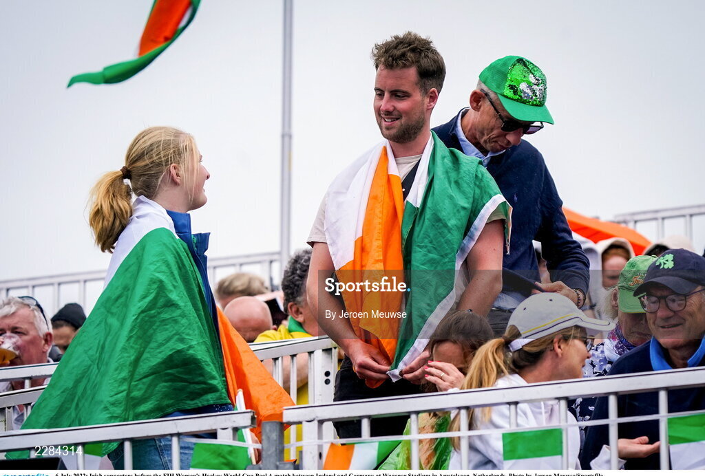 6 July 2022; Irish supporters before the FIH Women's Hockey World Cup Pool A match between Ireland and Germany at Wagener Stadium in Amstelveen, Netherlands. Photo by Jeroen Meuwse/Sportsfile