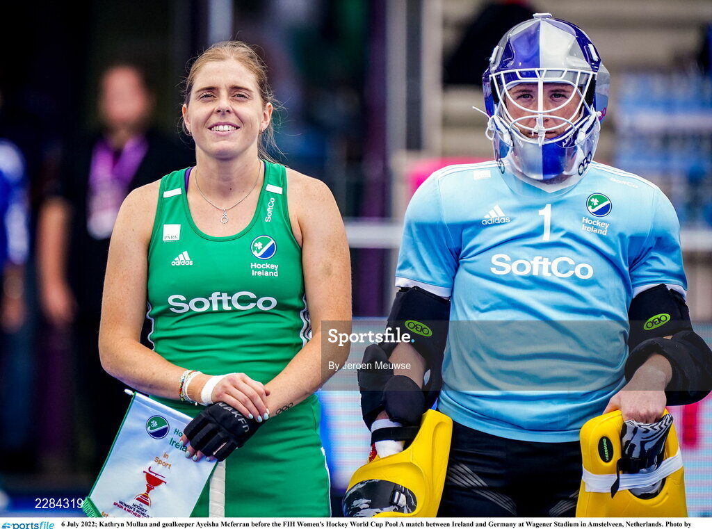 6 July 2022; Kathryn Mullan, left and goalkeeper Ayeisha Mcferran of Ireland before the FIH Women's Hockey World Cup Pool A match between Ireland and Germany at Wagener Stadium in Amstelveen, Netherlands. Photo by Jeroen Meuwse/Sportsfile