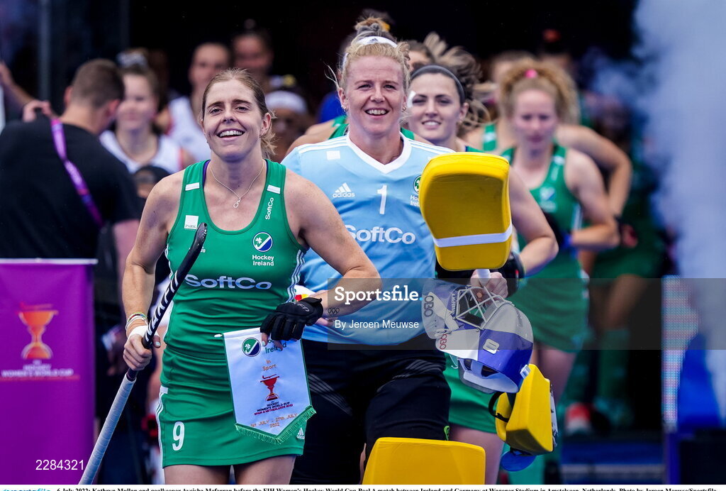 6 July 2022; Kathryn Mullan and goalkeeper Ayeisha Mcferran of Ireland before the FIH Women's Hockey World Cup Pool A match between Ireland and Germany at Wagener Stadium in Amstelveen, Netherlands. Photo by Jeroen Meuwse/Sportsfile