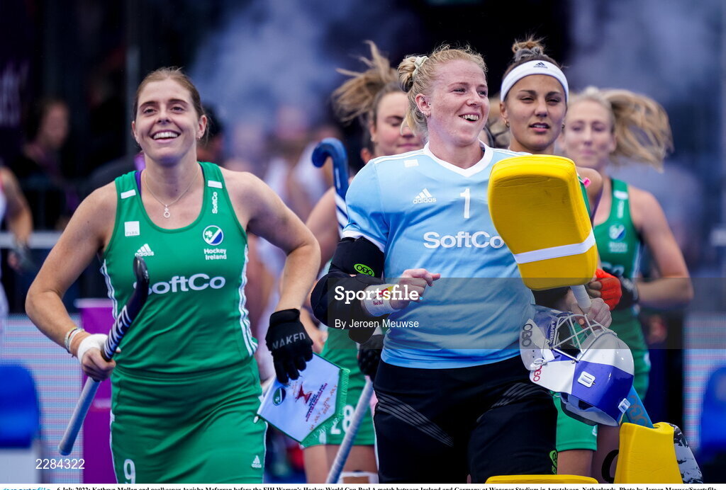 6 July 2022; Kathryn Mullan and goalkeeper Ayeisha Mcferran of Ireland before the FIH Women's Hockey World Cup Pool A match between Ireland and Germany at Wagener Stadium in Amstelveen, Netherlands. Photo by Jeroen Meuwse/Sportsfile