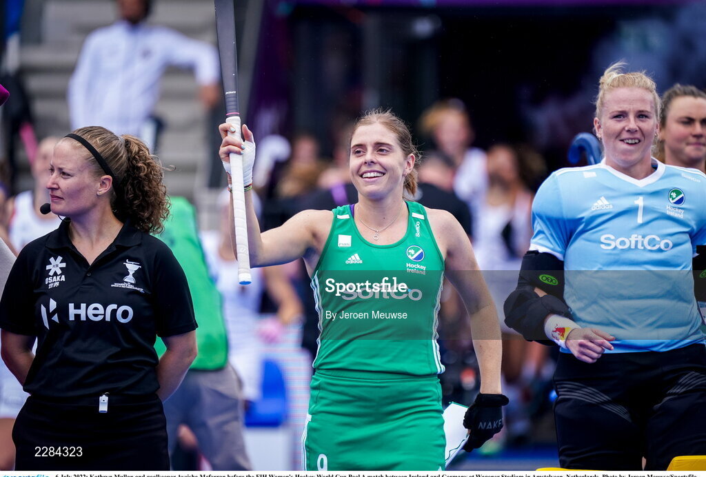 6 July 2022; Kathryn Mullan, centre, and goalkeeper Ayeisha Mcferran of Ireland before the FIH Women's Hockey World Cup Pool A match between Ireland and Germany at Wagener Stadium in Amstelveen, Netherlands. Photo by Jeroen Meuwse/Sportsfile